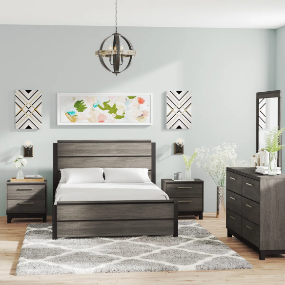 Contemporary 5-Piece Queen Bedroom Set with Solid Black and Weathered Gray Finish – Includes Bed, Dresser, Mirror, and Nightstands
