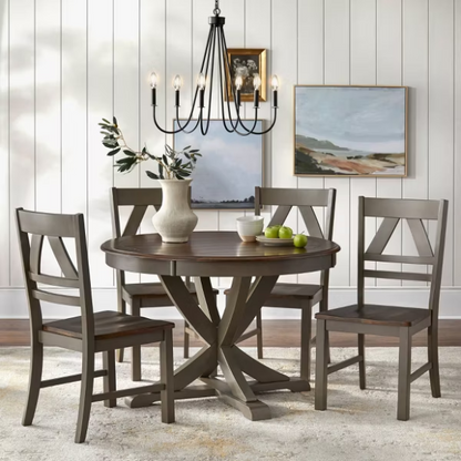 Charming Country-Style Dining Set with Rustic Appeal – Round Table & Geometric Back Chairs