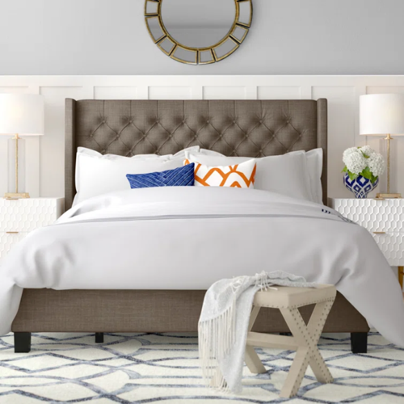 King Size Upholstered Wingback Bed with Linen Fabric, Tapered Legs, and Button Tufted Headboard