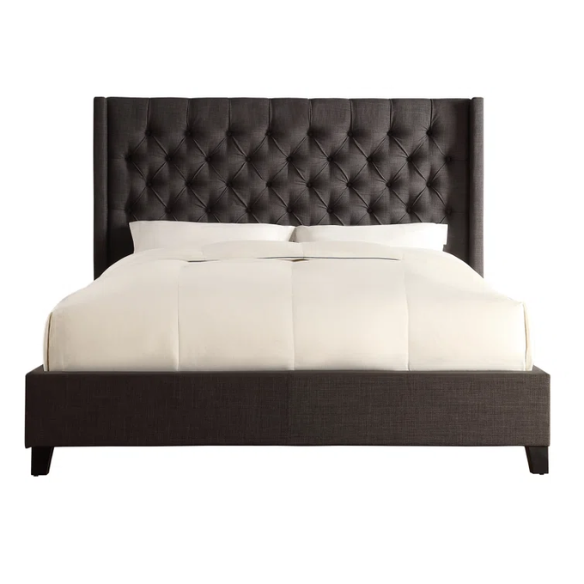 King Size Upholstered Wingback Bed with Linen Fabric, Tapered Legs, and Button Tufted Headboard