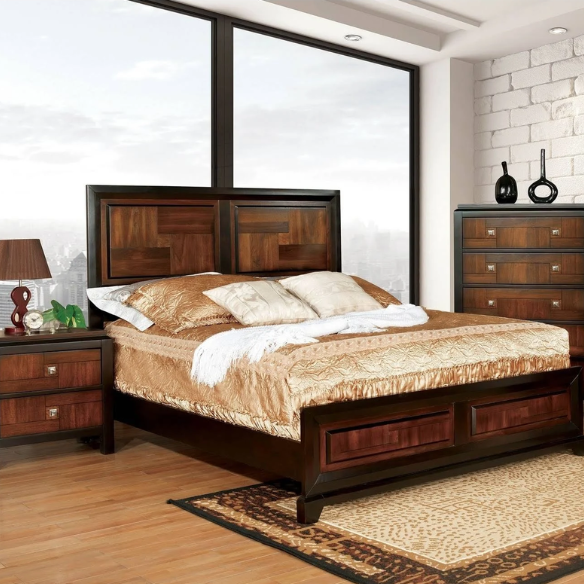 Elegant Sigh Rustic Walnut 3-Piece Queen Bedroom Set – Transitional Design with Solid Wood Construction, Chrome Accents, and Ample Storage
