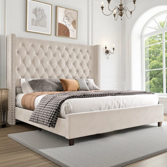 Queen Size Upholstered Velvet Bed – The Epitome of Luxury and Comfort with Majestic 61.4-Inch Extra-High Headboard