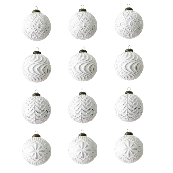 Silver & White Embossed Christmas Ornaments – Elegant Holiday Bauble Set (12 Pieces)