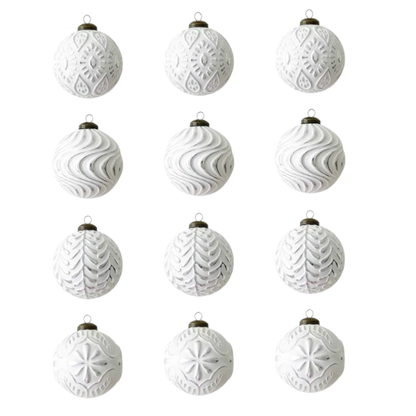 Silver & White Embossed Christmas Ornaments – Elegant Holiday Bauble Set (12 Pieces)