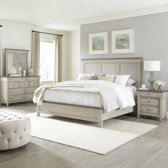 Farmhouse-Inspired Queen Bedroom Set  Panel Bed, Dresser, Mirror, and Nightstand with Built-in Charging Station