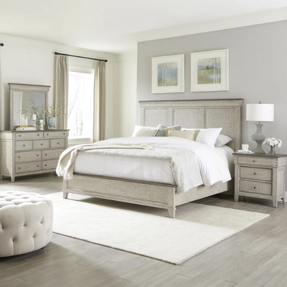 Farmhouse-Inspired Queen Bedroom Set  Panel Bed, Dresser, Mirror, and Nightstand with Built-in Charging Station