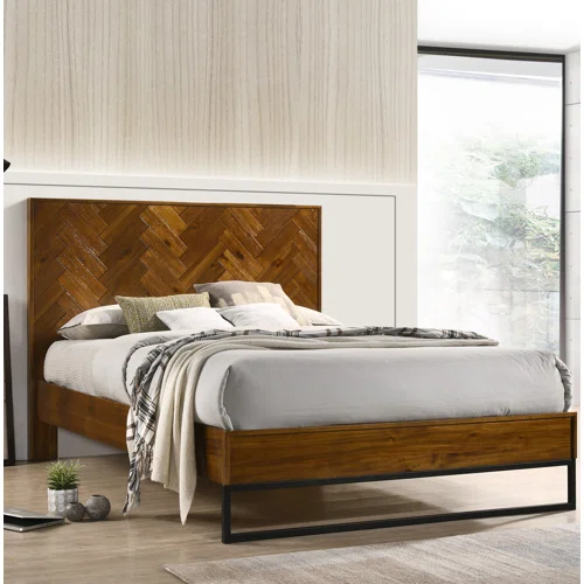 Industrial Mid-Century Modern Platform Bedroom Set with Herringbone Design Headboard – Stylish and Versatile