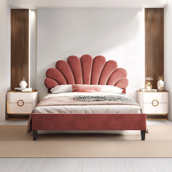 Upholstered Platform Bed with Flower Pattern Velvet Headboard – Full/Double Size, Elegant Design for Modern Bedrooms
