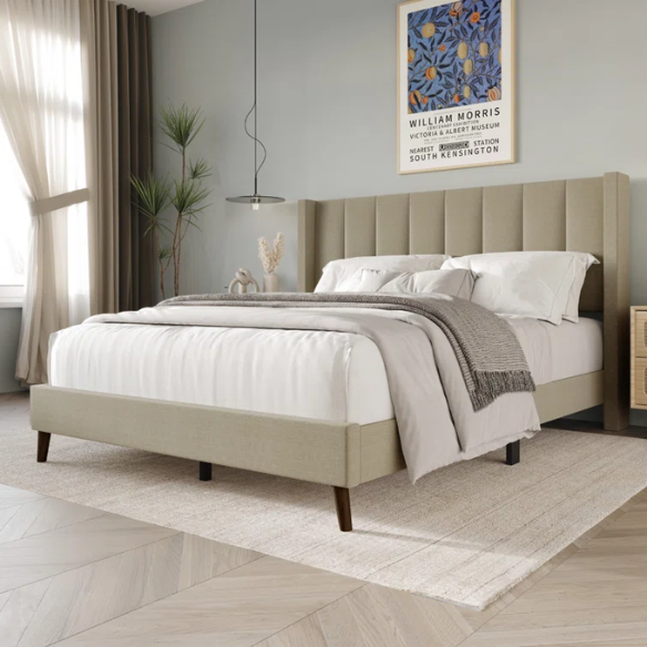 Queen Size Upholstered Wingback Bed with Soft Polyester Fabric – Elegant and Modern Design