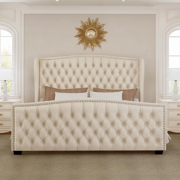 Luxurious King Size Velvet Upholstered Platform Bed Frame with Wingback Headboard – Handmade Button Tufting, Nailhead Detailing, Sturdy Construction, and No Box Spring Needed