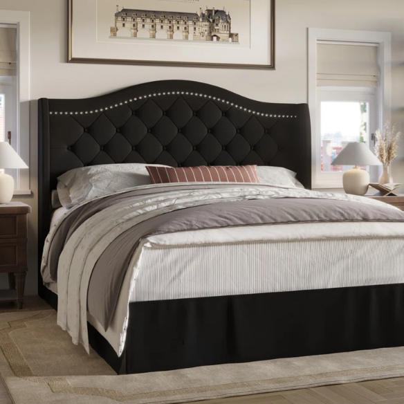 Elegant King Size Upholstered Platform Bed with Arched Camelback Headboard – Nailhead Trim, Diamond Tufting, and Foam Cushioning for Ultimate Comfort