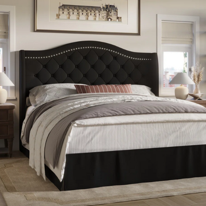 Elegant King Size Upholstered Platform Bed with Arched Camelback Headboard – Nailhead Trim, Diamond Tufting, and Foam Cushioning for Ultimate Comfort