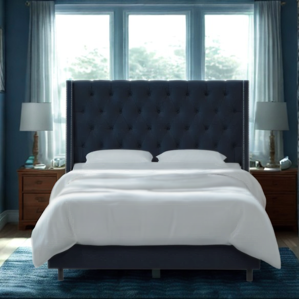 Chic Upholstered Wingback King Size Bed with Button Tufting and Nailhead Trim