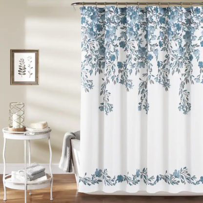 Blue and Grey Floral Vine Shower Curtain – Shabby Chic Farmhouse Style, 72" x 72"