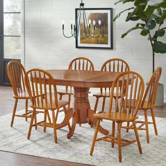 7-Piece Farmhouse Solid Wood Dining Set with Extension Leaf – Pedestal Table & Windsor Chairs