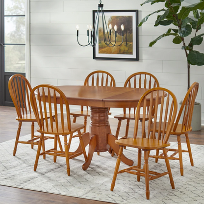 7-Piece Farmhouse Solid Wood Dining Set with Extension Leaf – Pedestal Table & Windsor Chairs