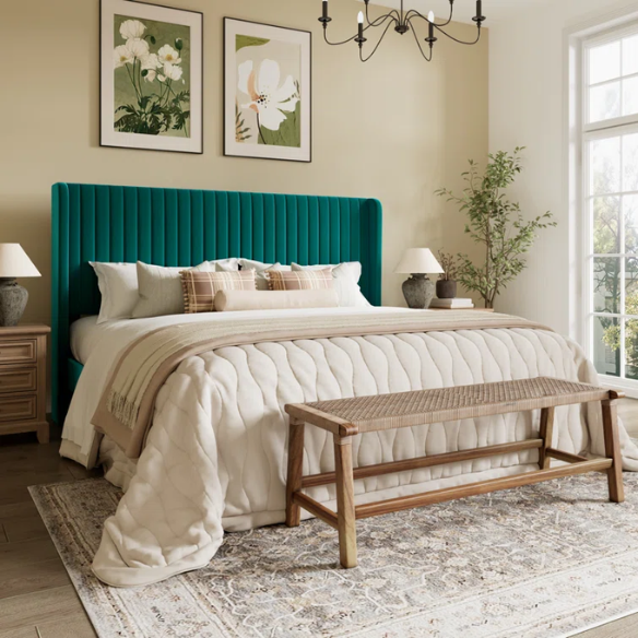 King Size Upholstered Platform Bed with Wingback Headboard – Simple, Elegant Design, Sturdy Wooden Slats, No Box Spring Needed for a Luxurious Sleep Experience