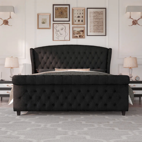 Luxurious Queen Size Upholstered Sleigh Bed with Button Tufting and Rich Chenille Fabric
