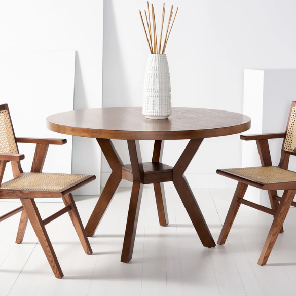 Round Wood Dining Table – French Bistro-Inspired Design, Sleek Dark Brown Frame