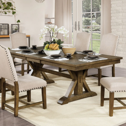 Rustic Oak 90-Inch Expandable Dining Table – Classic Country Charm with Double Pedestal Base, Seats 8, Solid Wood Construction