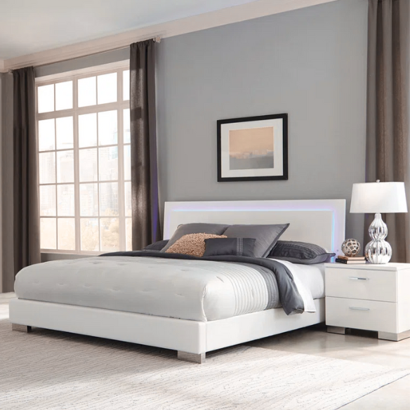 Modern 4-Piece Queen Bedroom Set in White High Gloss with LED Lighting, Touch-Activated Headboard, and Sleek Chrome Accents