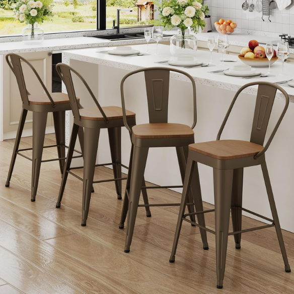 Set of 4 Farmhouse Counter Height Bar Stools – Rustic Industrial Style with Removable Backrest, Heavy-Duty Steel Frame, and Scratch-Resistant Finish