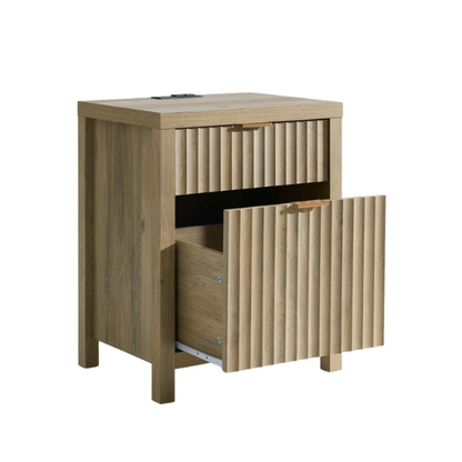 2-Drawer Nightstand with Built-In Outlets – Fluted Panels, Wood Grain Finish, Modern Design, Charging Station with 2 AC Outlets, USB & USB-C Ports, 4.9-Foot Power Cord, Set of 2