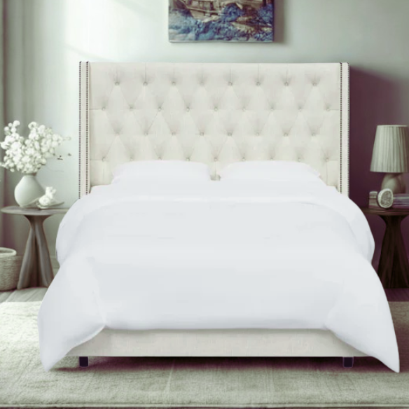 Chic Upholstered Wingback King Size Bed with Button Tufting and Nailhead Trim