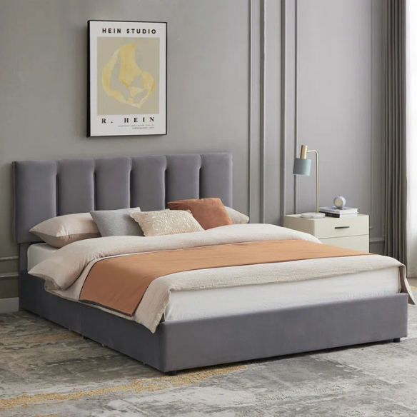 Velvet Upholstered Queen Size Platform Bed with Adjustable Headboard and 4 Storage Drawers