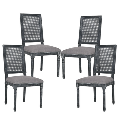 French Country Wood and Cane Upholstered Dining Chairs – Weathered Rubberwood Frame with Fluted Legs & Rectangular Cane Backrest