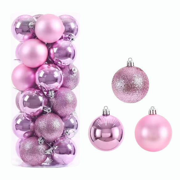 Pink Christmas Ball Ornaments – 24-Piece Set, Shatterproof Holiday Decorations (Available in 3 cm, 4 cm, and 6 cm)