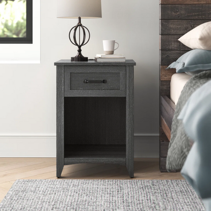 Farmhouse-Style Nightstand with Built-In Charging Station – Engineered Wood, Spacious Top, Drawer & Open Compartment, Matte Black Metal Handle, USB-A & USB-C Ports, AC Outlets, Ideal for Bedroom or Living Room