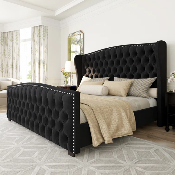 Velvet Queen Size Bed with Button Tufted Upholstery, Nailhead Trim, and Wingback Headboard