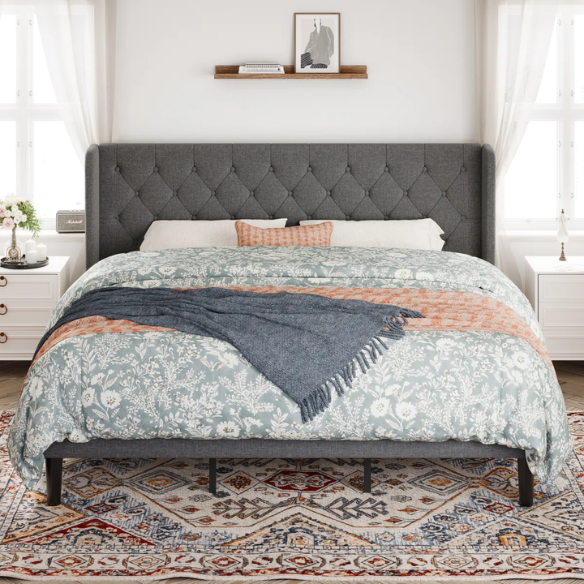 Luxurious King Size Upholstered Wingback Platform Bed with Button-Tufted Linen Fabric – Sturdy Wood Frame, High-Density Foam, and Ample Under-Bed Storage for a Stylish, Safe, and Comfortable Bedroom