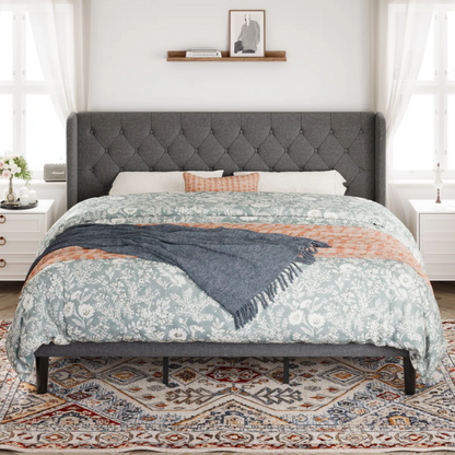 Luxurious King Size Upholstered Wingback Platform Bed with Button-Tufted Linen Fabric – Sturdy Wood Frame, High-Density Foam, and Ample Under-Bed Storage for a Stylish, Safe, and Comfortable Bedroom