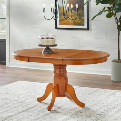 Farmhouse Solid Rubberwood Dining Table with 22-Inch Extension Leaf – Pedestal Base, Seats 6, Available in Oak, Matte Black, White/Natural, Grey/Walnut Finishes