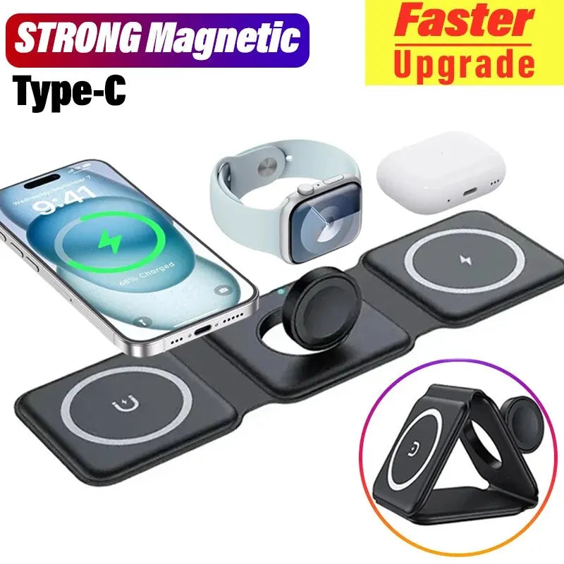 3 in 1 Magnetic Wireless Charger Stand for Iphone 15 14 13 12 Pro Max Apple Watch Airpods Foldable Fast Charging Dock Station