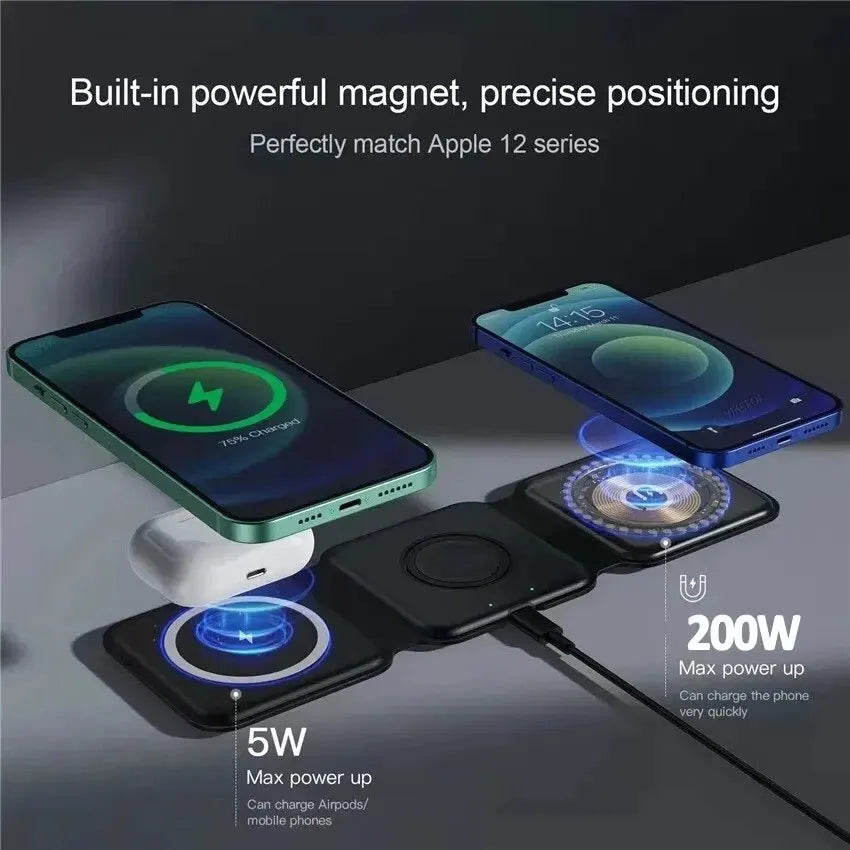 3 in 1 Magnetic Wireless Charger Stand for Iphone 15 14 13 12 Pro Max Apple Watch Airpods Foldable Fast Charging Dock Station