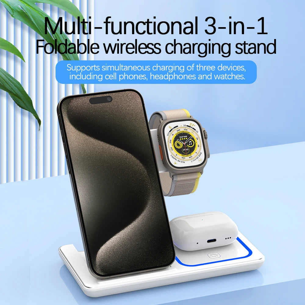 30W LED Fast Wireless Charger Stand 3 in 1 Foldable Charging Station for Iphone 15 14 13 12 11 Apple Watch 9 8 7 6 5 Airpods Pro