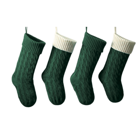 Green Knitted Christmas Stocking – Cable Knit Holiday Gift Bag with Soft Lining