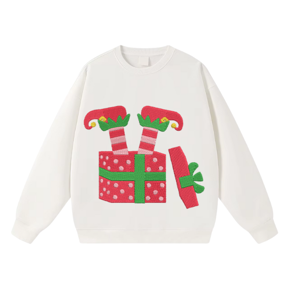 Embroidered Elf in a Present Box Christmas Sweater