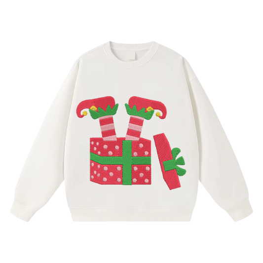 Embroidered Elf in a Present Box Christmas Sweater