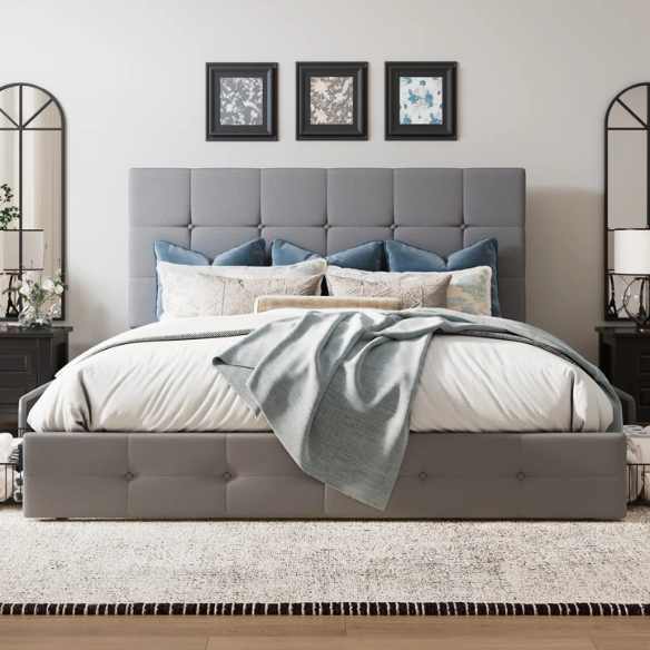 King Size Upholstered Platform Bed with Storage Drawers, Padded Headboard, and Sophisticated Button Tufting
