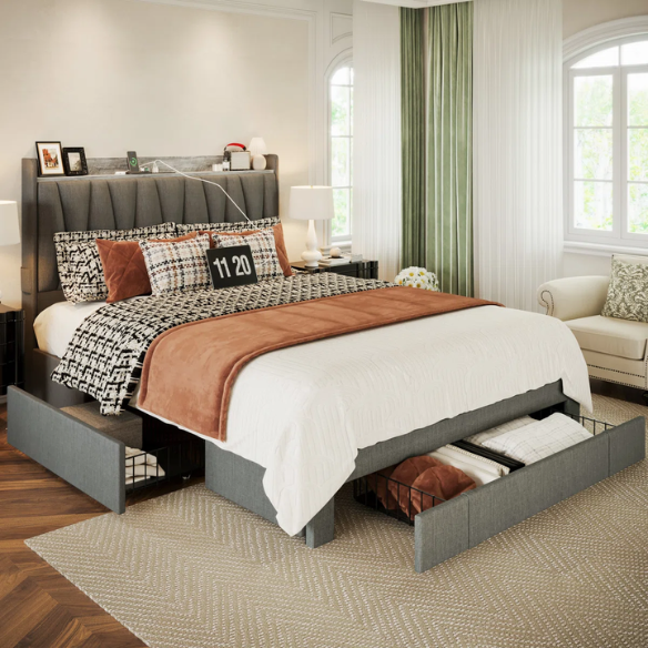 Upholstered Full/Double Bed Frame with 3 Drawers, Storage Headboard & Built-In Charging Station – Stylish & Functional Design