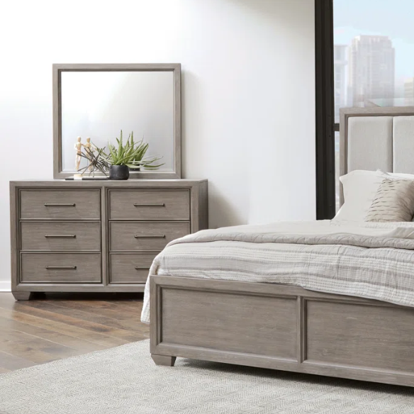 5-Piece  Wood Bedroom Set with Upholstered Panel Bed, Dresser, Mirror, and Nightstand