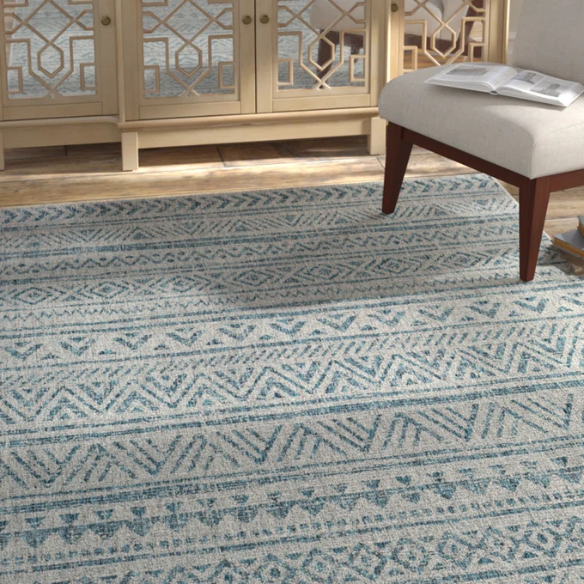 Striped Geometric Area Rug – Aqua & Taupe, Durable Polypropylene, Low-Pile Design for High-Traffic Indoor/Outdoor Spaces