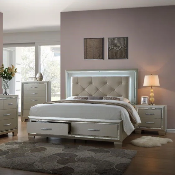 Elegant Glamour: 5-Piece Bedroom Set with Lustrous Platinum Dresser, Crystal and Chrome Handles – A Stunning, Star-Quality Collection to Elevate Your Bedroom Décor