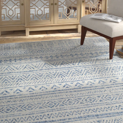 Striped Geometric Area Rug – Blue & Taupe, Durable Polypropylene, Low-Pile Design for High-Traffic Indoor/Outdoor Spaces