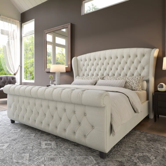 Luxurious Queen Size Upholstered Sleigh Bed with Button Tufting and Rich Chenille Fabric