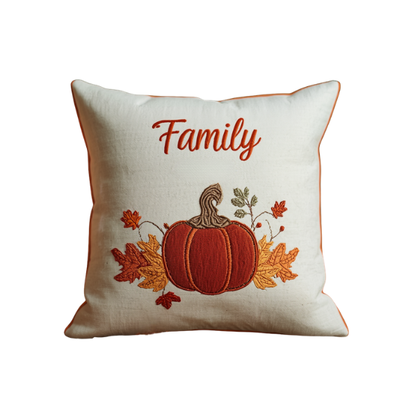 Embroidered Pumpkin and Fall Leaf Pillow